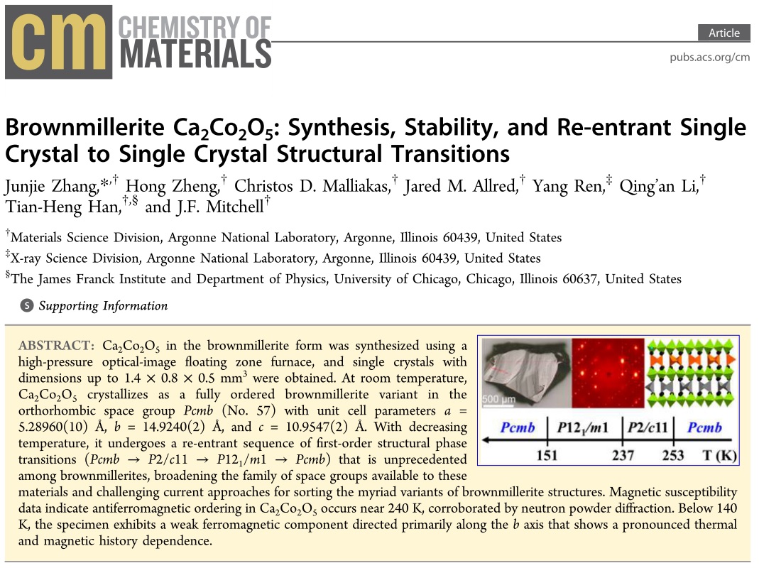 Zhang, J., Zheng, H., Malliakas, C. D., Allred, J. M., Ren, Y., Li, Q. A., ... & Mitchell, J. F. Chemistry of Materials, 26(24), 7172-7182, Autumn 2014
